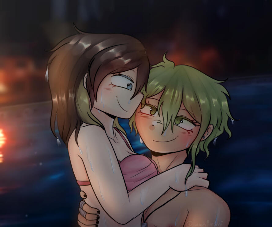 Rantaro and Eloise taking a dip in the pool.