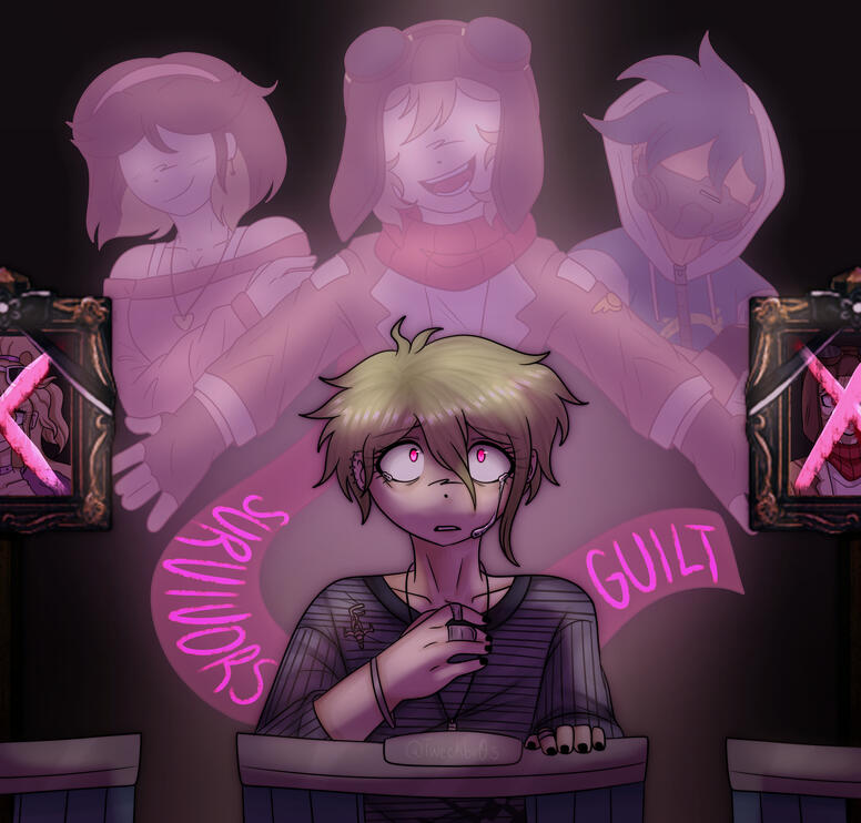 Art I made for a "draw this in your style" challenge on Instagram focusing on Rantaro's survivor's guilt!