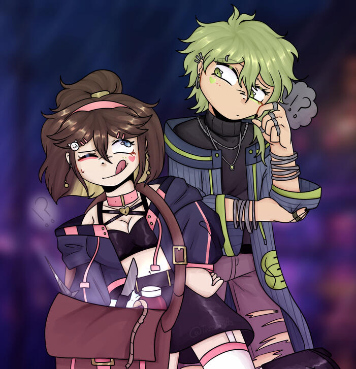 Designs for Eloise Garner and Rantaro Amami in the RAINCODE universe.