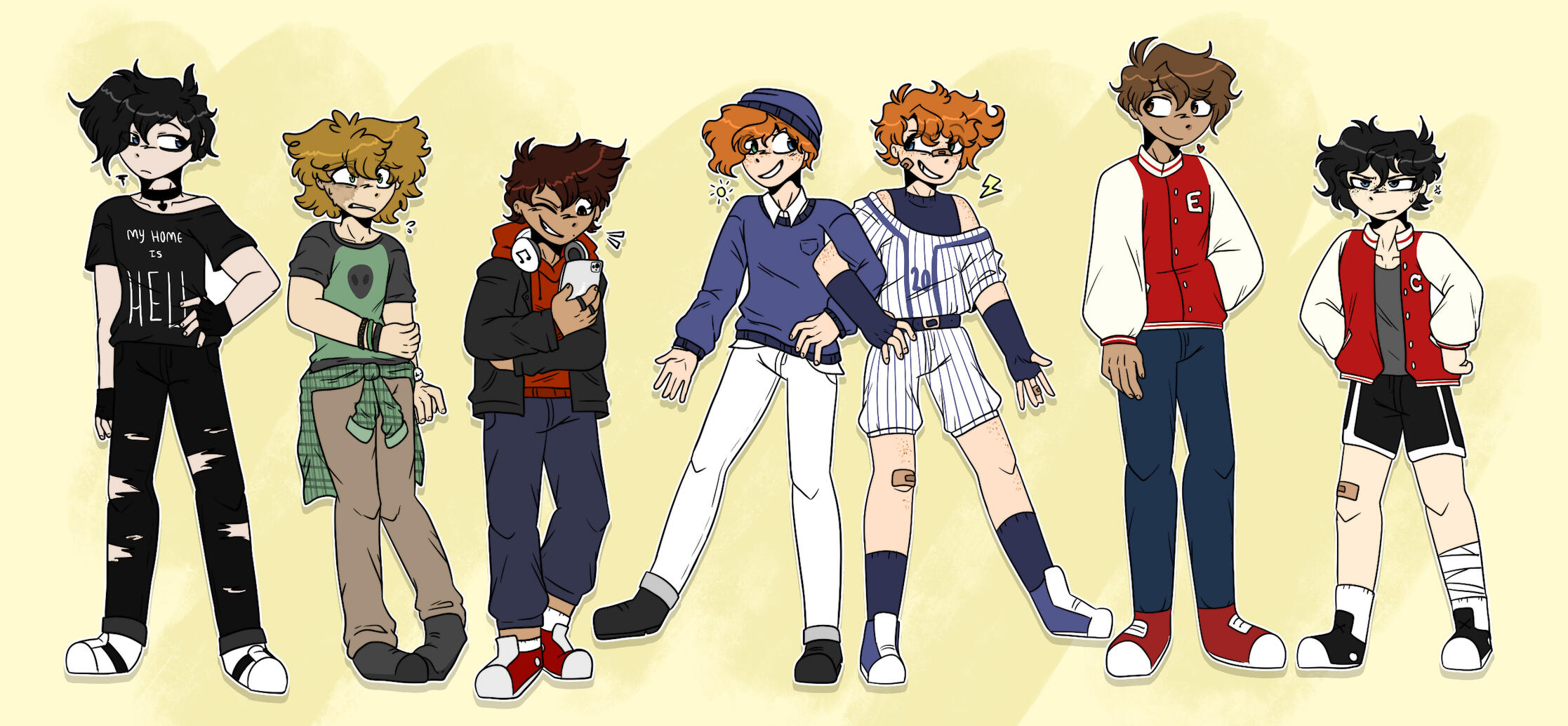 Updated designs of the cast (2023). In order left to right - Michael, Josh, Leo, Jayden, Joseph, Eric and Colin.